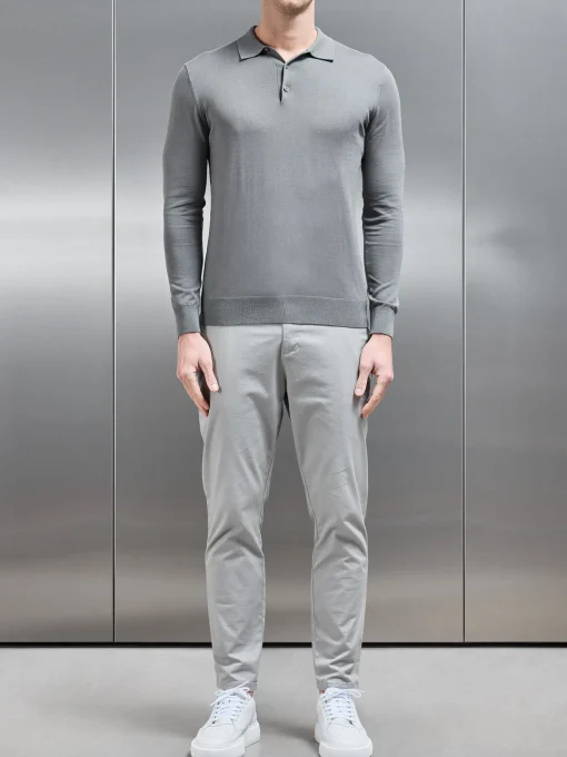 Cotton & Silk Long Sleeve Button Polo Shirt - Sage