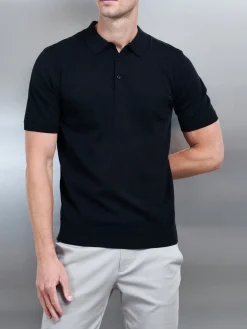 Cotton Knitted Button Polo Shirt - Black