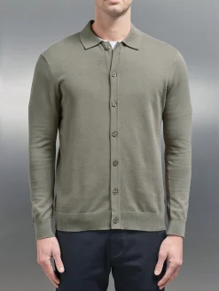 Cotton Knitted Button Through Shirt - Sage
