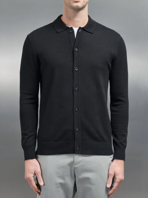 Cotton Knitted Button Through Shirt - Black