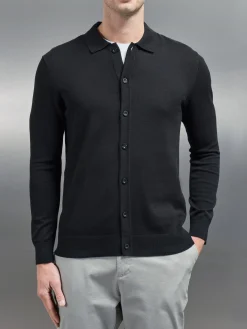 Cotton Knitted Button Through Shirt - Black