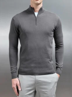 Cotton Knitted Half Zip Funnel Neck Jumper - Charcoal