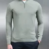 Cotton Knitted Half Zip Funnel Neck Jumper - Light Sage
