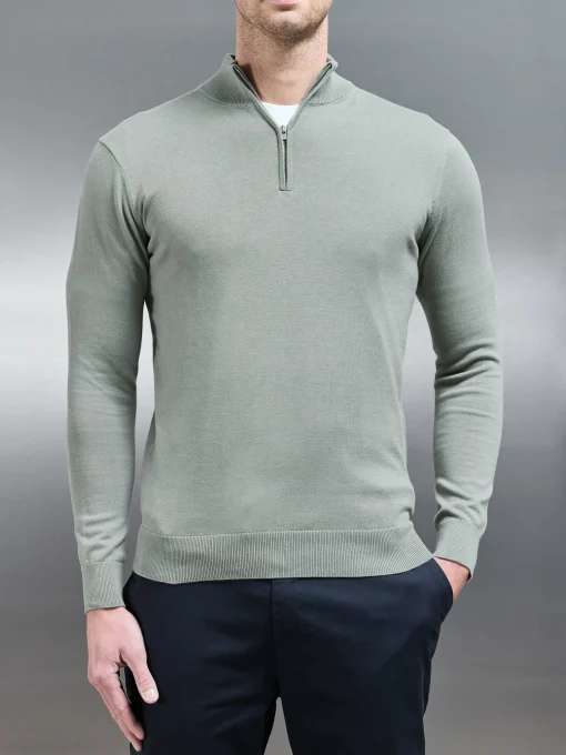 Cotton Knitted Half Zip Funnel Neck Jumper - Light Sage