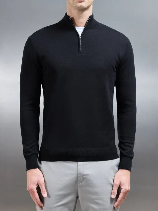 Cotton Knitted Half Zip Funnel Neck Jumper - Black