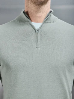 Cotton Knitted Half Zip Funnel Neck Jumper - Light Sage
