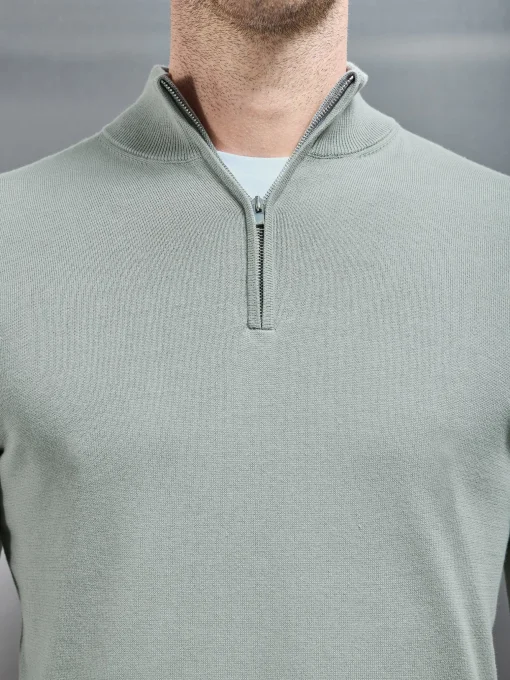 Cotton Knitted Half Zip Funnel Neck Jumper - Light Sage