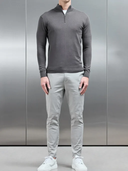 Cotton Knitted Half Zip Funnel Neck Jumper - Charcoal