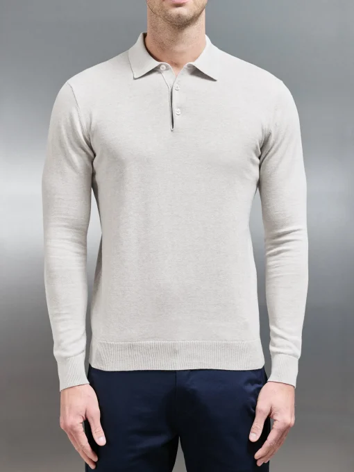 Cotton Knitted Long Sleeve Button Polo Shirt - Oatmeal