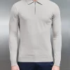 Cotton Knitted Long Sleeve Half Zip Polo Shirt - Oatmeal