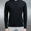 Cotton Knitted Long Sleeve Half Zip Polo Shirt - Black