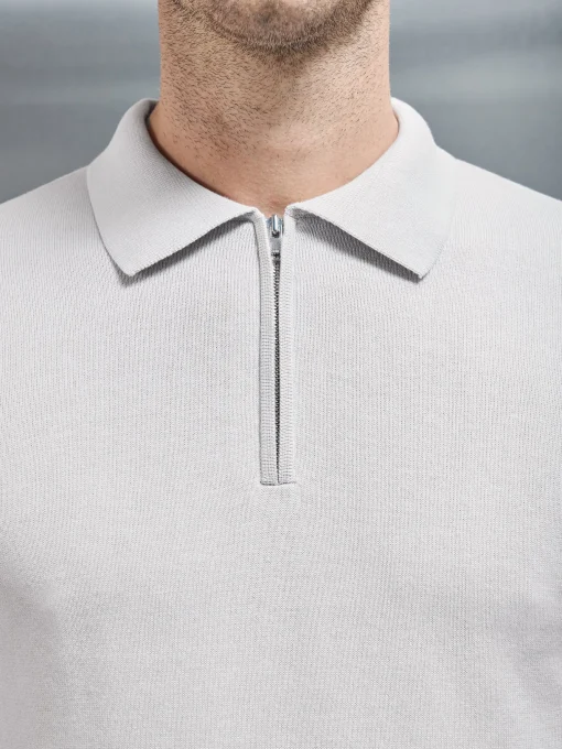 Cotton Knitted Long Sleeve Half Zip Polo Shirt - Mid Grey