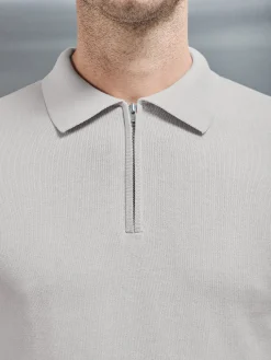 Cotton Knitted Long Sleeve Half Zip Polo Shirt - Oatmeal