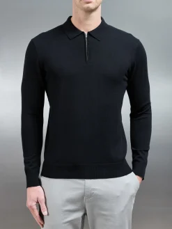 Cotton Knitted Long Sleeve Half Zip Polo Shirt - Black