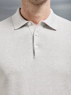 Cotton Knitted Long Sleeve Button Polo Shirt - Oatmeal