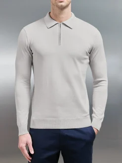 Cotton Knitted Long Sleeve Half Zip Polo Shirt - Oatmeal
