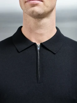 Cotton Knitted Long Sleeve Half Zip Polo Shirt - Black