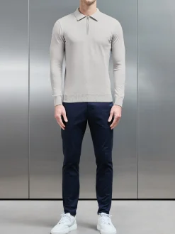 Cotton Knitted Long Sleeve Half Zip Polo Shirt - Oatmeal
