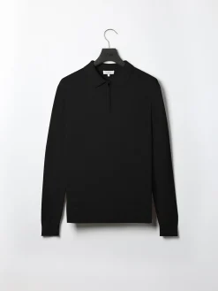 Cotton Knitted Long Sleeve Half Zip Polo Shirt - Black