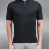 Cotton Knitted Zip Polo Shirt - Black