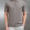 Cotton Knitted Zip Polo Shirt - Taupe