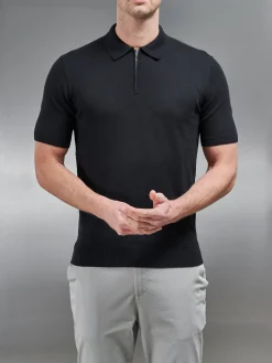 Cotton Knitted Zip Polo Shirt - Black