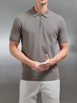 Cotton Knitted Zip Polo Shirt - Taupe