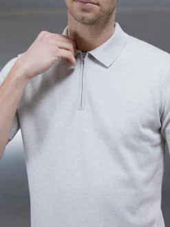 Cotton Knitted Zip Polo Shirt - Oatmeal