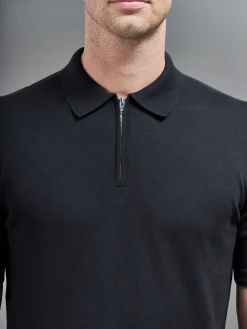 Cotton Knitted Zip Polo Shirt - Black