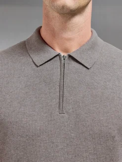 Cotton Knitted Zip Polo Shirt - Taupe