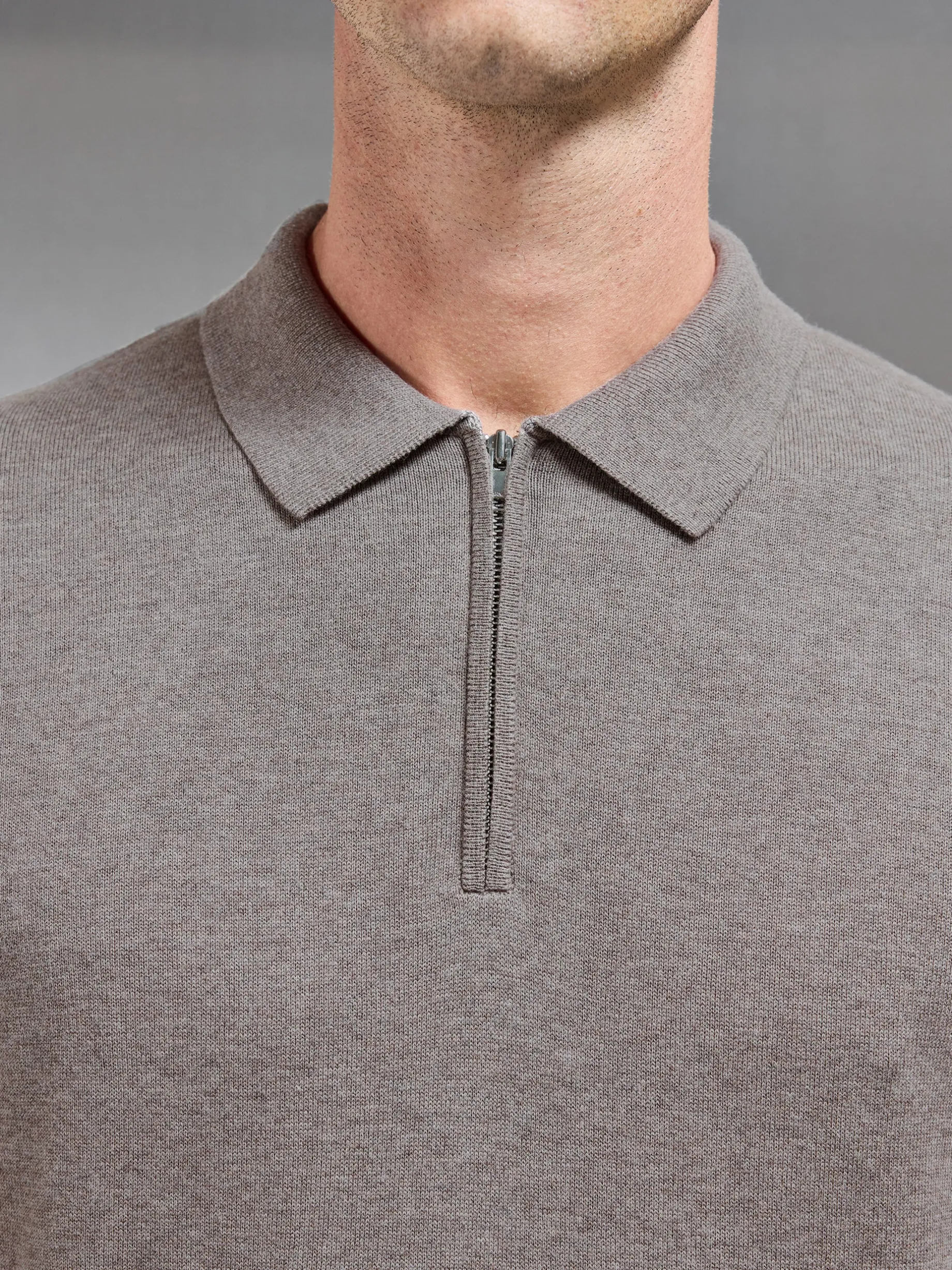 Cotton Knitted Zip Polo Shirt - Taupe