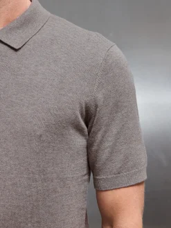 Cotton Knitted Zip Polo Shirt - Taupe