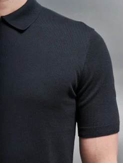 Cotton Knitted Zip Polo Shirt - Black