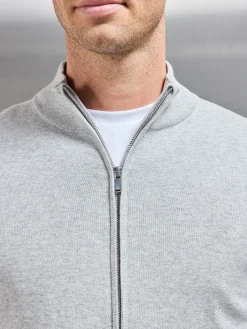 Cotton Knitted Zip Through Jacket - Marl Grey