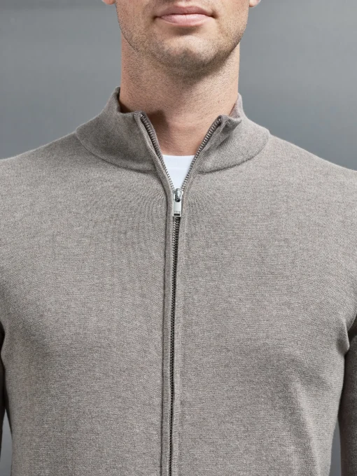 Cotton Knitted Zip Through Jacket - Taupe Marl