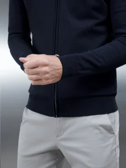 Cotton Knitted Zip Through Jacket - Navy