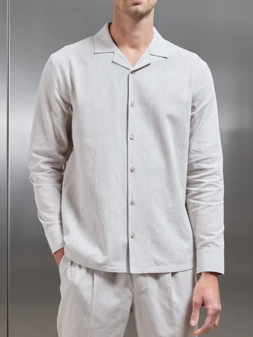Cotton Linen Revere Collar Long Sleeve Shirt - Stone