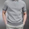 Jacquard Knitted Zip Polo Shirt - Grey