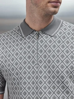 Jacquard Knitted Zip Polo Shirt - Grey