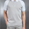 Knitted Raglan Colour Block Zip Polo - White Mid Grey