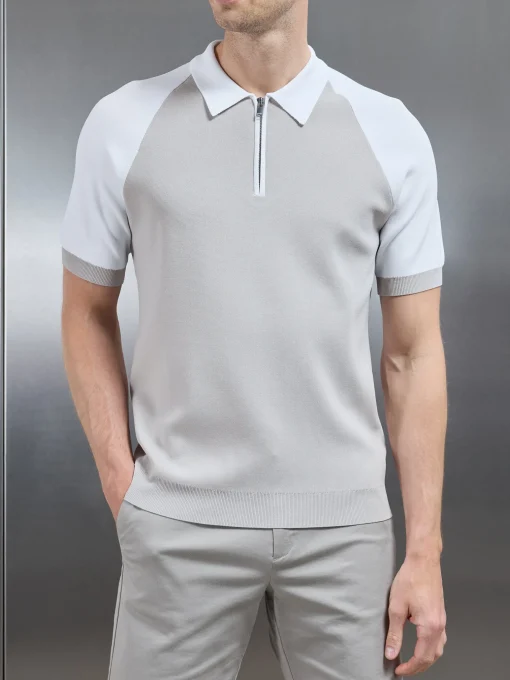 Knitted Raglan Colour Block Zip Polo - White Mid Grey