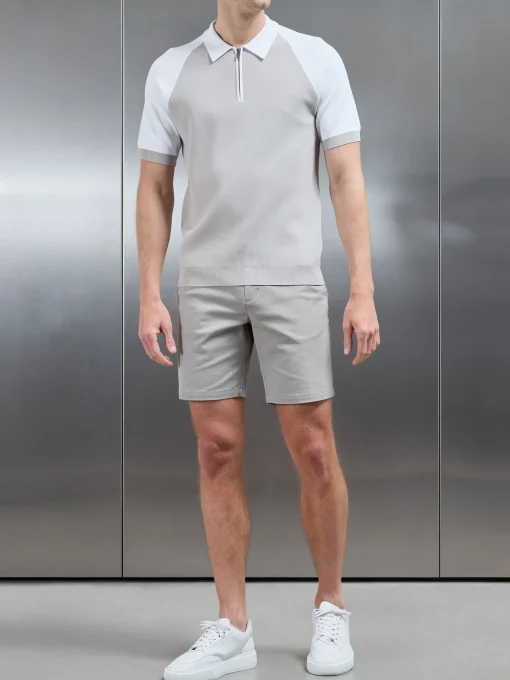 Knitted Raglan Colour Block Zip Polo - White Mid Grey