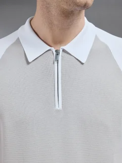 Knitted Raglan Colour Block Zip Polo - White Mid Grey