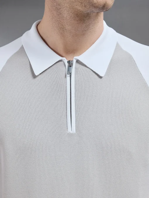 Knitted Raglan Colour Block Zip Polo - White Mid Grey