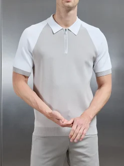 Knitted Raglan Colour Block Zip Polo - White Mid Grey