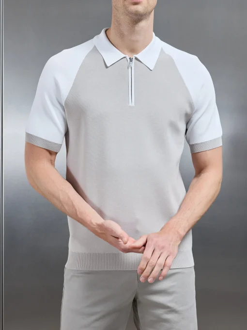 Knitted Raglan Colour Block Zip Polo - White Mid Grey