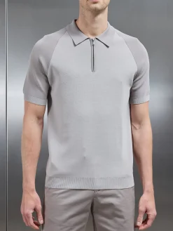 Knitted Raglan Colour Block Zip Polo - Stone
