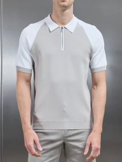 Knitted Raglan Colour Block Zip Polo - White Mid Grey