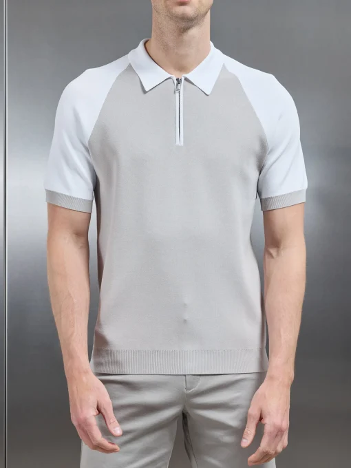 Knitted Raglan Colour Block Zip Polo - White Mid Grey