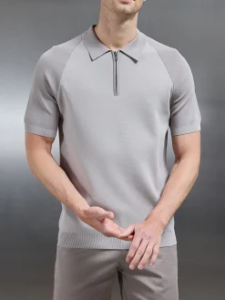 Knitted Raglan Colour Block Zip Polo - Stone